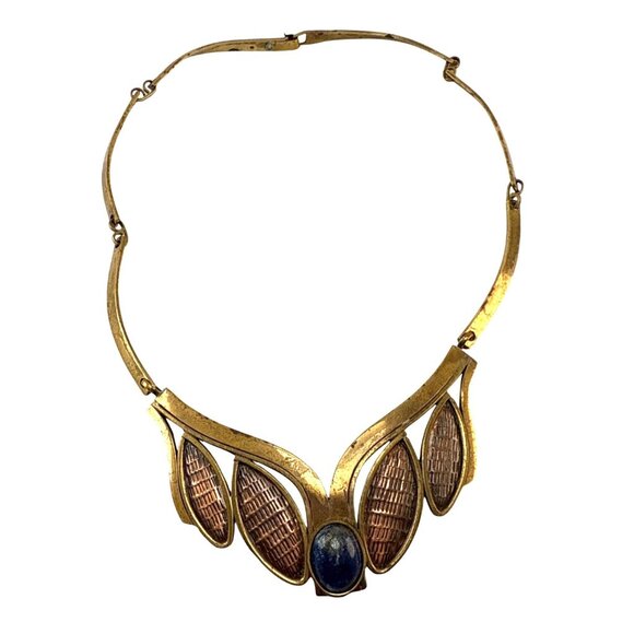 Vintage Brass Copper Statement Necklace Lapis Lazuli Centerpiece - Picture 2 of 7